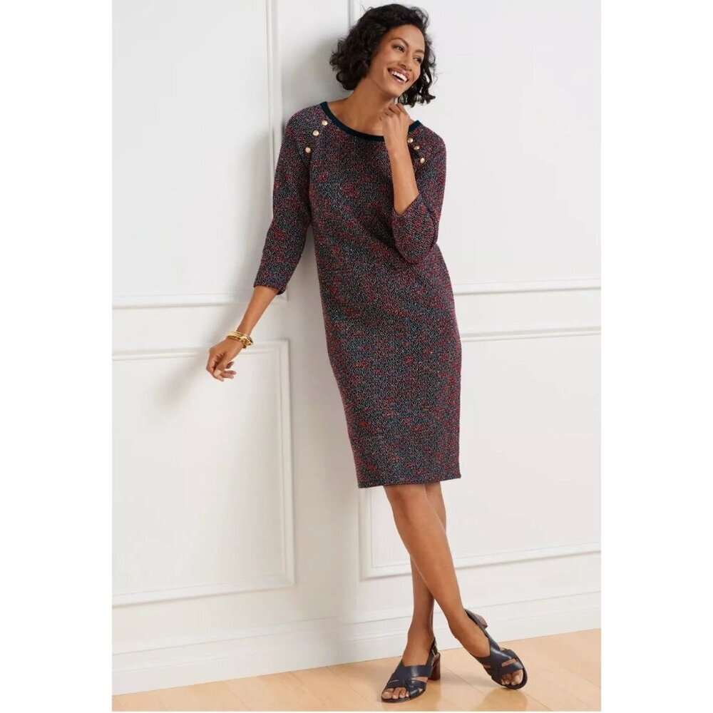 Talbots Shift Dress Button Detail Petite SP‎ Red & Blue 3/4 Sleeve